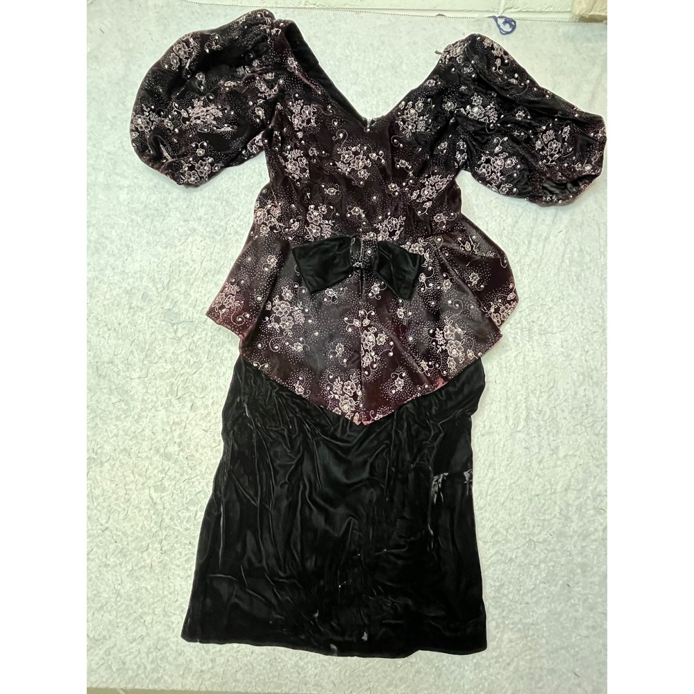 Vintage Evenings by Pantagis Velvet Peplum Gown Puff‎ Sleeve Floral 80s 13/14